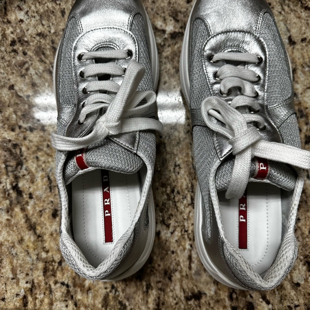 Brand New Never Worn Prada Silver Sneakers - Size 10M - Picture 1 of 3